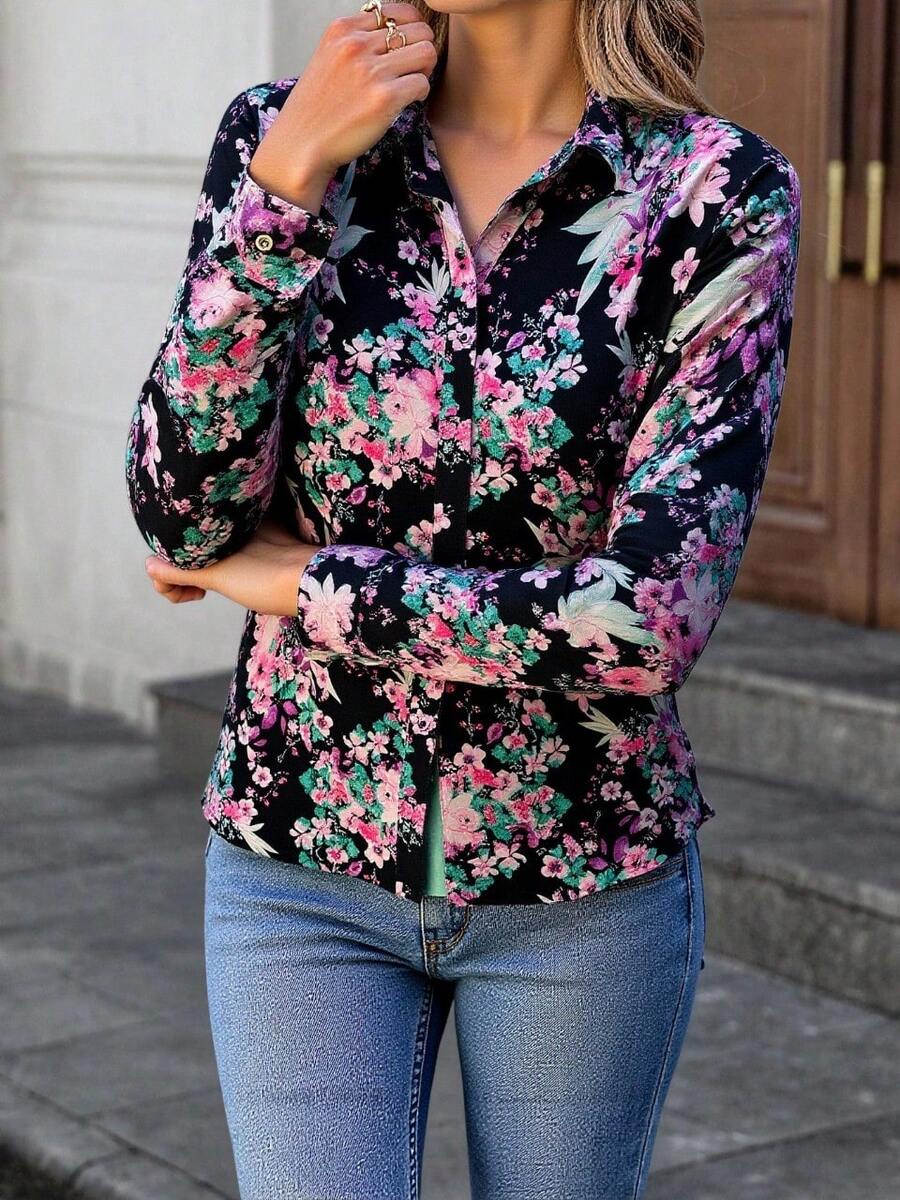 Camisa floreada manga negra ideal para eventos especiales y todas las temporadas. - Negro - Ver 1