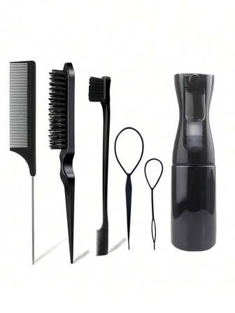 5/6 件套美发工具套装，包括发夹、梳子、便携式除尘刷、挑染梳、双头眉刷、按摩刷和连续喷雾瓶，适用于沙龙、女士发饰、日常使用和节日礼物