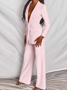 Women's Solid Color Single-Breasted Long Sleeve Blazer And Pants Set - Baby Pink - View 3