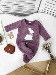 1pc Baby Girls' Cute Rabbit Pattern Padded Romper, Round Neck Long Sleeve Footed Jumpsuit, Suitable For Infant Daily Casual Wear