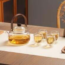 1 Set: 1 Teapot + 6 Cups With Tray, 1 Teapot + 4 Cups With Tray, Heat-Resistant Glass Teapot, Modern Minimalist Walnut Color Flower Tea Pot, Tea Kettle, Tea Pot Set, Suitable For Parties, Gatherings, All Seasons