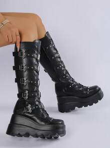 Women's Pink Round Toe Thick Sole High Heel Tall Boots, Lace-Up Elastic Fashion Boots For Autumn/Winter,Y2k Shoes,Party Outfits - Black - View 4