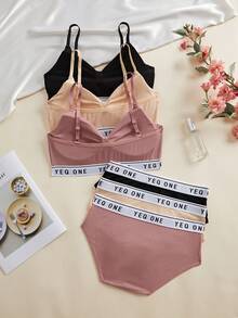 3SETS Ladies Sexy Openwork French Bra Briefs Suit, Comfortable And Wireless, Letter Printed Sling Tube Top Beautiful Back, Chest Pad Wrapped, Sports Bra Suit.
