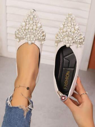 New Rhinestone & Pearl Decor Low Heel Pointed Toe Flat Shoes, Black, Plus Size