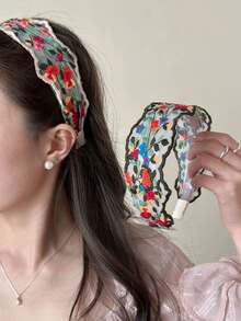 1 件女士黑色蕾丝刺绣头带，甜美可爱波西米亚风格，时尚发饰，发带，发箍，发饰，头饰 - 花朵黑 - 查看 2