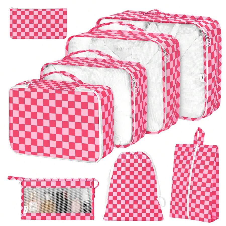 8 Set Travel Essentials, Suitcase Organizer Bags, Packing Cubes, Storage Bag, Travel Organizer Bags, Vacation Essentials, Travel Accessories, Cruise Essentials, Beach Essentials, Purse Essentials, School Supplies, Suitable For Organization And Storage - 紅粉格子 - 查看 1