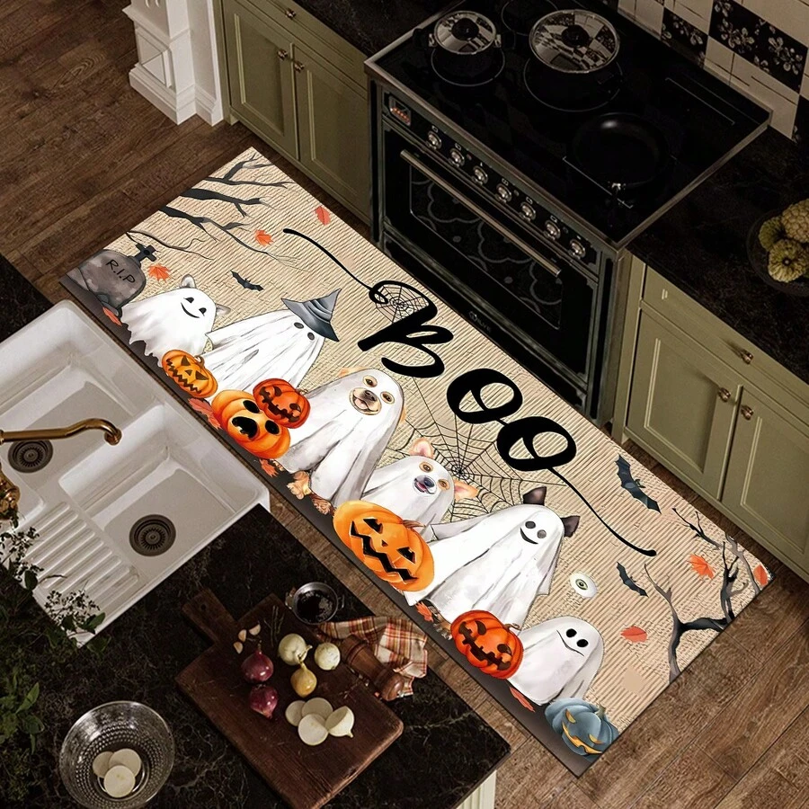 1 pieza Felpudo de Halloween, estampado abstracto de fantasma, animal y calabaza de dibujos animados, antideslizante de diatomita, alfombra de cocina, felpudo, alfombra rectangular impresa en 3D, adecuada para sala de estar, dormitorio, pasillo, baño, lavandería, decoración del hogar interior y exterior - Multicolor - Ver 1
