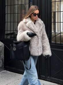 SHIBASHAN Winter Women Fashion Lapel Faux Fur Jackets With Pockets Elegant Long Sleeve Warm Fluffy Coat - Grey - View 3