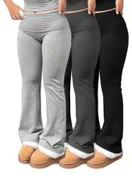 3pcs/Set Large Size Women's Casual High Yoga Pants Set   Elastic Waist Gym Workout Flare Leggings