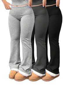 3pcs/Set Large Size Women's Casual High Yoga Pants Set   Elastic Waist Gym Workout Flare Leggings - 黑色+淺灰色+灰色 - 查看 1