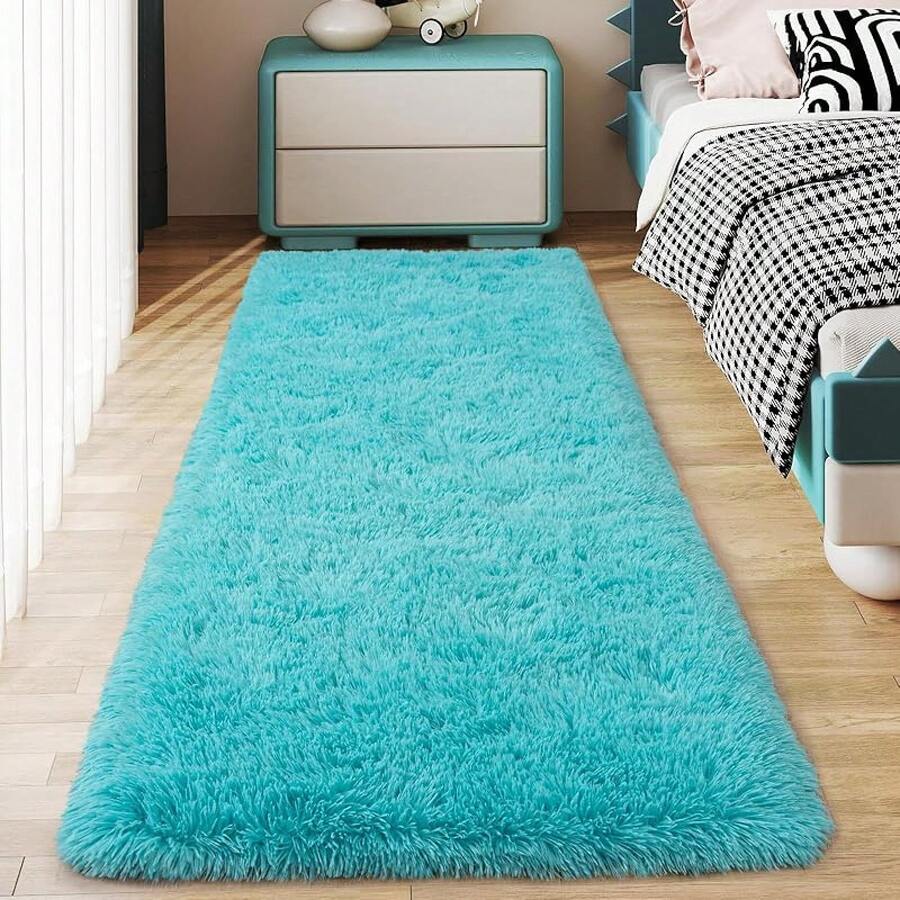 Soft Fluffy Shag Throw Area Rug, 2x4 Black, Non-Slip Bedroom, Hallways, Bedside, Dorm, Living Room - Long Shaggy Rug - 水鴨藍 - 查看 1