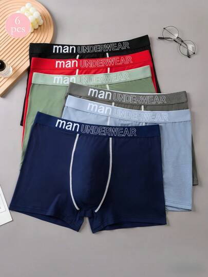 6 st. herrboxershorts med bokstavstryck, bekväma, atletiska