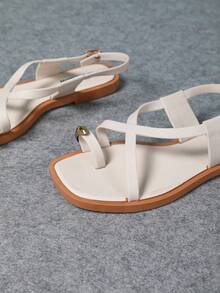 Giày Sandal Nữ Thanh Lịch 2025, Giày Sandal Đế Bằng Thời Trang Mùa Hè Quai Mắt Cá Chân Màu Khối, Giày Mùa Hè Cho Nữ, Giày Mùa Xuân Cho Kỳ Nghỉ Xuân Phục Sinh, Giày Thường Ngày Giày Đi Biển, Quà Tặng Ngày Của Mẹ Mùa Xuân Hè Khóa Kim Loại Thời Trang Mới Quai Giày Sandal Đế Bằng La Mã Thường Ngày Chống Trượt Cho Nữ - Màu be - Xem 7
