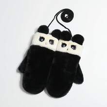 Women Winter Mittens With String Cute Rabbit/Panda Fleece Gloves Plush Warm Mittens For Cold Weather - Black - View 2