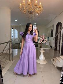 Elegant Long Dress With Puff Sleeves And Front Buttons – Sophisticated Look For Parties And Events - Mauve Purple - View 1