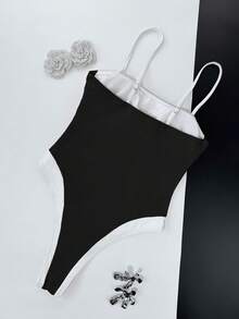 Women's Black & White Spaghetti Strap Stylish One-Piece Swimsuit, Vacation - Black and White - View 5