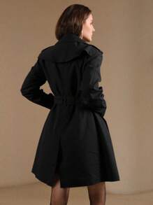 女士中长款口袋夹克，专为春秋季通勤而设计 - 黑色 - 查看 3