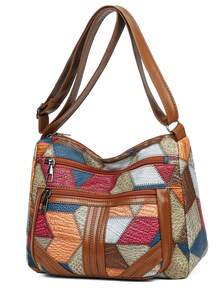 新款女士休闲单肩包 PU 皮革拼接斜挎包，时尚简约 - 彩色 - 查看 7