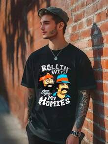 Cotton T Shirt,Short Sleeve Funny Graphic Top, Funny Rollin' With My Homies Men's  Short Sleeve Top, Men's 180g Combed Cotton Summer T-Shirt ,Vintage T Shirts ,Funny Graphic Tee,Graphic Tee - 黑色 - 查看 2