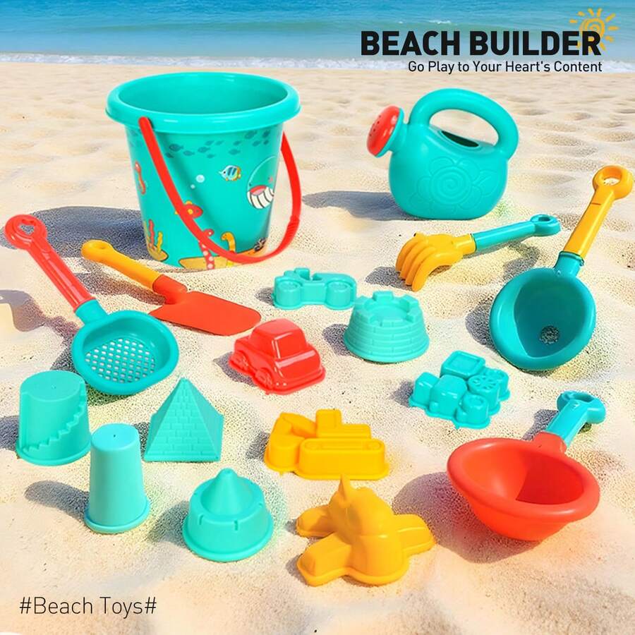 18 Pieces Of Beach Toys, Durable PP Material, Melange, With Bucket & Sand Mold Accessories, Fun Beach Toys, Suitable For Ocean & Beach Accessories, As Halloween & Christmas Gifts - Multicolor - View 1