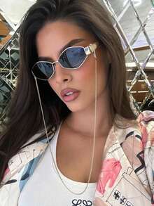 1副复古椭圆形时尚眼镜，女士小金属框时尚眼镜，女士时尚眼镜，沙滩配饰，女士眼镜，秋冬季基本款，商务休闲，夏季海滩度假，户外活动，旅行礼物 - B-金框黑灰片+鏈條 - 查看 3