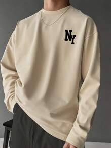 Men's Versatile Piece For Autumn | Apricot Round Neck New York Element Printed Long Sleeve T-Shirt, Suitable As A Gift For Husband, Boyfriend, Or Friend, Fall