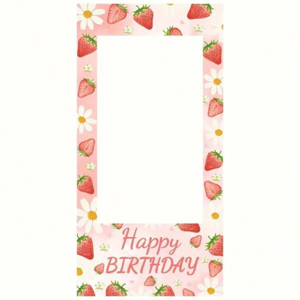 1 stuk 2D aardbeienthemafeestachtergrondbanner, roze aardbeienfeestfotohokjeachtergrond, geschikt voor verjaardagsfeestjes, feestdagen, feestdecoraties en woonaccessoires