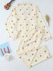 2 件女士秋冬泰迪熊心形印花睡衣套装，长袖纽扣领上衣和裤子，休闲睡衣家居服，秋季服装