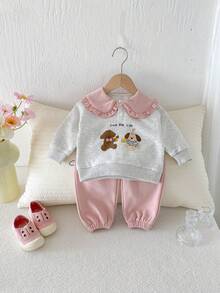 2pcs/Set Baby Girls Cute Bear & Dog Print Ruffle Collar Sweatshirt + Pink Drawstring Pants Casual Loose Outfit, Spring/Autumn