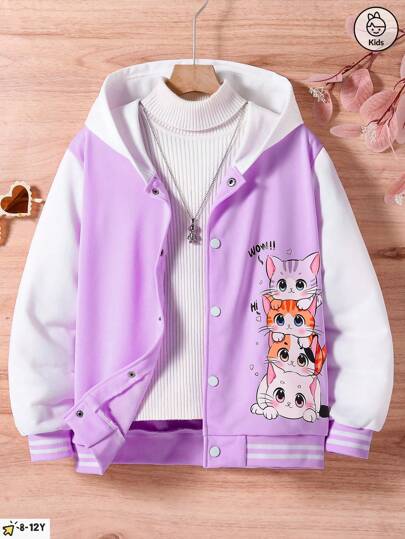 Girl's Cartoon Cat Print Hooded Jacket, Casual Long Sleeved College Style Jacket, Suitable For Daily Use In Spring And Autumn And Outdoor Activities