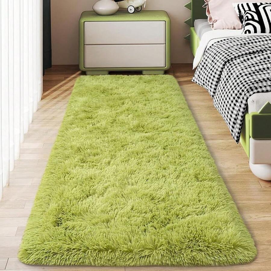 Soft Fluffy Shag Throw Area Rug, 2x4 Black, Non-Slip Bedroom, Hallways, Bedside, Dorm, Living Room - Long Shaggy Rug - Green - View 1
