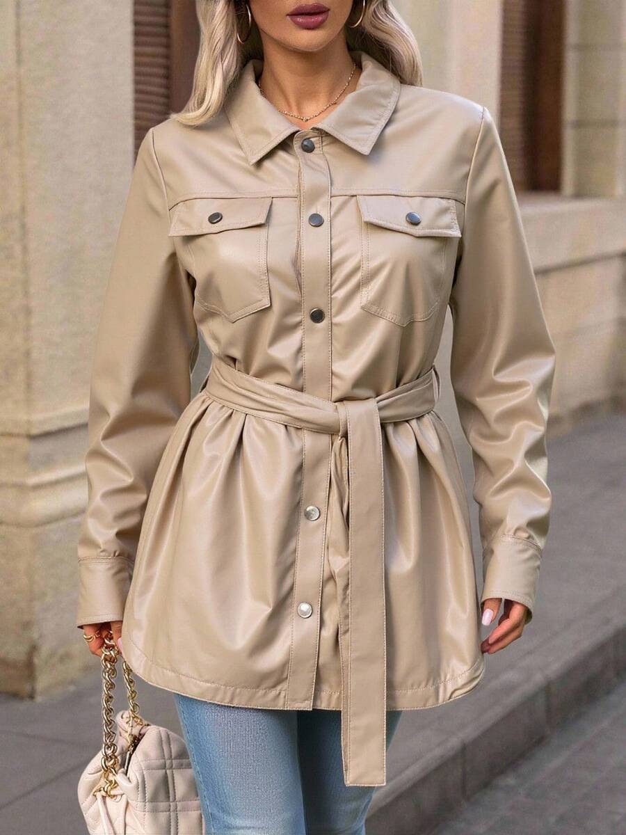 Sobrecamisa tipo gabardina SANDRA con cinturón ajustable y bolsillos frontales para mujer, diseño elegante, casual, chic, de diario, basica, formal. - Crema - Ver 1