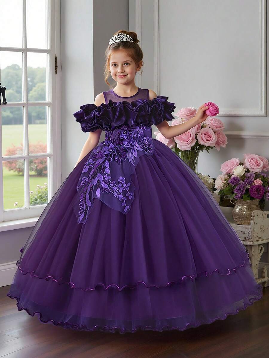 Vestido de fiesta de tul con aplicaciones de lentejuelas y perlas falsas para niñas preadolescentes, adecuado para celebraciones de cumpleaños, bailes de graduación, decoración de perlas falsas, sin diadema incluida - Morado - Ver 1