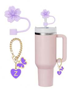 3pcs/2pcs Accessories Designed For 30-40oz Cups: Purple Cup Letter Markers & Silicone Lotus Flower Straw Caps, Silicone Anti-Drop & Scratch Protective Sleeve, Reusable Silicone Straw Cap For 10mm Wide Straw, Cute Letter Decor, Suitable For Modern Minimalist Glass Cups, Mother's Day Gift - Purple - View 25