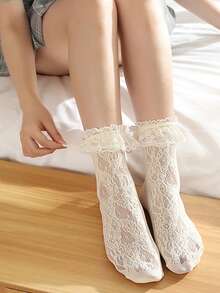 CLAGAINER 4双/1双洛丽塔蕾丝女袜，中筒抓绒袜，短袜，春夏款 - 黃色 - 查看 4