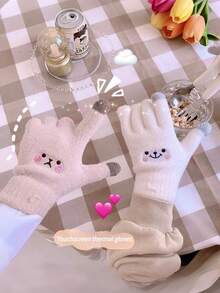 Winter New Women's Mink Wool Knitted Embroidery Cute Finger Touch Screen Smiling Gloves For Warmth And Cold Protection