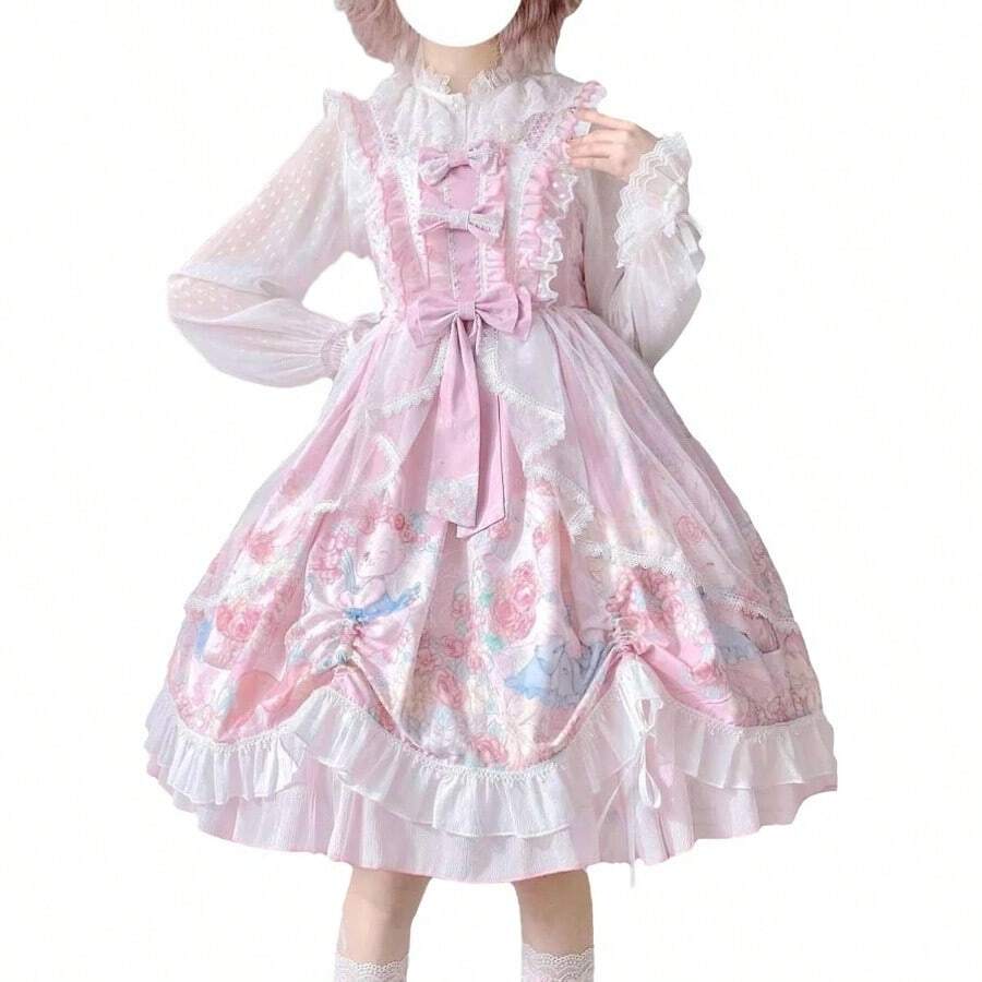 Cuteighteen Lolita Juniors Dresses Kawaii Bunny Print Japanese Style Princess Anime Cosplay Party Cute Teen Dress Costume - 白色 - 查看 1