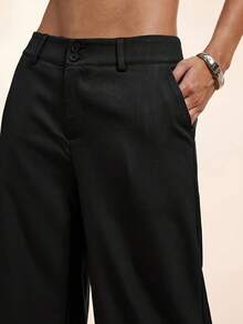 CharmGlow Simple Deep Gray Straight Leg High-Waisted Wide-Leg Women's Trousers - Black - View 5