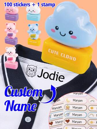 1 Stamp + 100 Stickers Custom Name Stamp,Name Stamp For Clothing Kids Waterproof,Personalized Cloud Bear Stamp,Cartoon Pattern Signature Stamp,Customizable Stamps For Kids,Customized Student Stationery Gifts,Birthday Gifts,Cute,Back To School Supplies,School,Women,School Bag,Boys,Girls,Teacher,Son