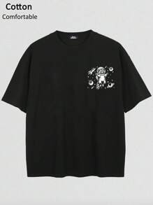 罗纹 100% 纯棉男女通用 T 恤，休闲浣熊和星空卡通英文印花短袖 T 恤，舒适柔软，男女皆宜