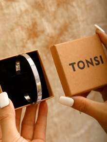 TONSI 1pc Stainless Steel 18K Gold Plated Snap Cuff Bracelet, Clover Element Cubic Zirconia Inlaid, Women Jewelry Gift Box, Birthday/Holiday Gift - Bracelet Gift Box - View 8