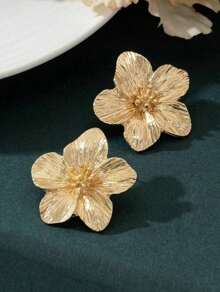 1 Pair Exquisite Multicolor Dopamine Inspired Golden Floral Stud Earrings For Women, Wedding Gift - 金黃色 - 查看 4