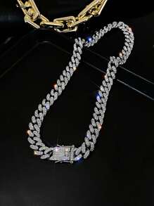 1pc European & American Street Hip-Hop Style Fully Rhinestone Chain Necklace, Golden Color, Fashionable Hiphop Jewelry For Men & Women, Choker Chain, Multiple Sizes Available