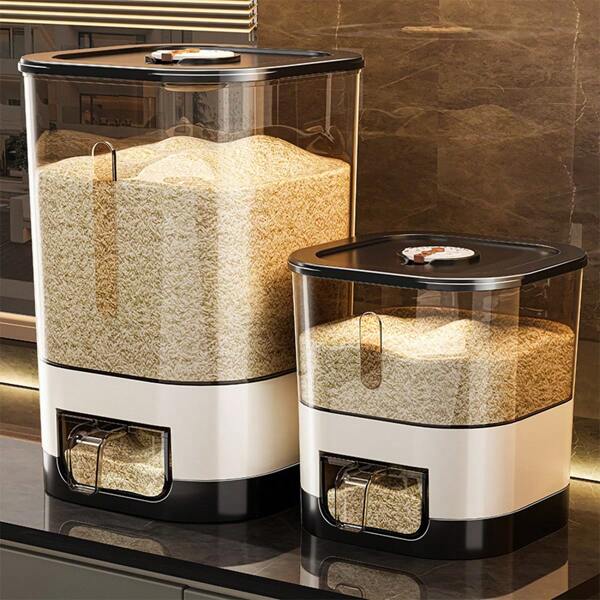 1pc Rice Dispenser With Cup, Large Capacity, Moisture-Proof And Sealed Rice Storage Container, Suitable For Rice, Grains, Flour, Kitchen Supplies, Pet Cat And Dog Food Storage Container, Ideal For Kitchen, Home Use