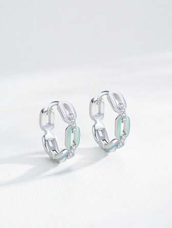 1 对 925 纯银时尚珐琅链形环形耳环，适合女士婚礼个性精致银饰