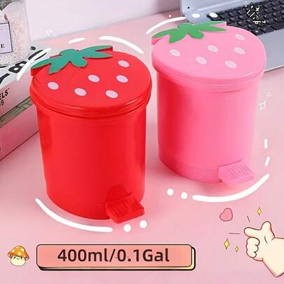 1个创意草莓造型桌面收纳盒 - 塑料材质，卡通汽车草莓塑料垃圾桶，桌面垃圾桶，脚踏式垃圾桶，容量400毫升/0.1加仑，带盖，适用于办公室和家庭的桌面和抽屉收纳，便携式收纳，家居整理