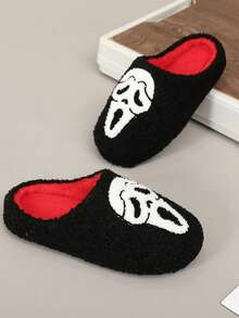 1双万圣节男士卡通骷髅柔软防滑厚底舒适保暖趣味情侣拖鞋 - 黑色 - 查看 4