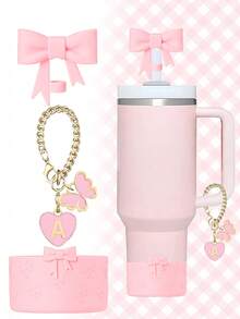 Conjunto de Marcador de Copo com Laço de Silicone e Letra Coração Borboleta, Serve para Copos de 30-40 Oz, Diâmetro da Palha de 9-10mm, Copos de Vidro com Alça, Decoração Fofa de Borboleta Rosa, Copo 40oz/30oz, Capa de Palha de Silicone, Brindes com Encantos de Chaveiro