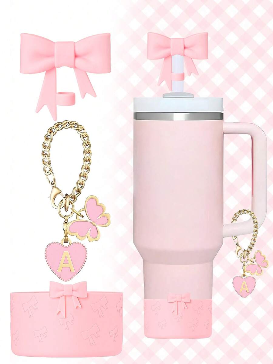 Conjunto de Marcador de Copo com Laço de Silicone e Letra Coração Borboleta, Serve para Copos de 30-40 Oz, Diâmetro da Palha de 9-10mm, Copos de Vidro com Alça, Decoração Fofa de Borboleta Rosa, Copo 40oz/30oz, Capa de Palha de Silicone, Brindes com Encantos de Chaveiro