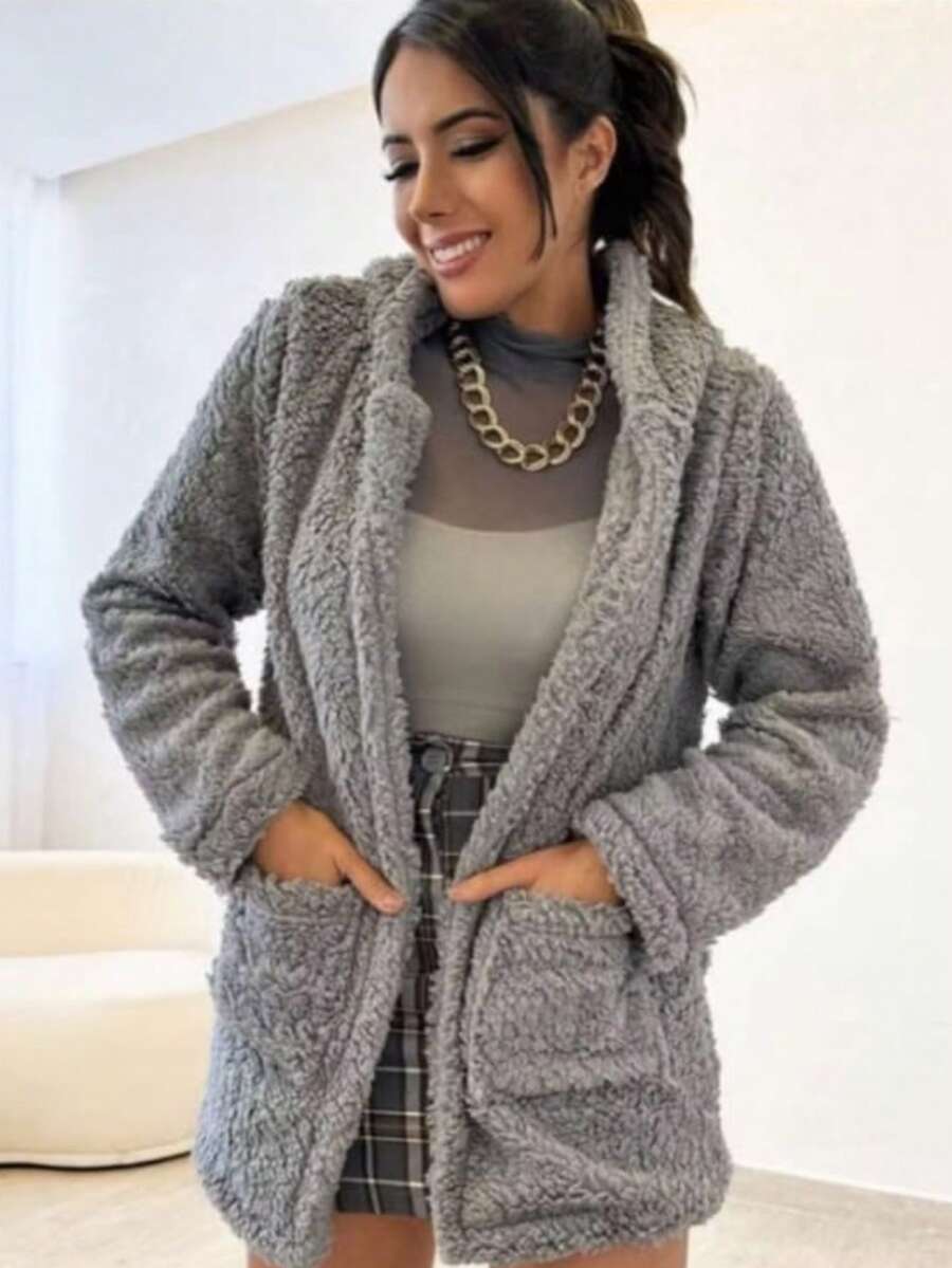 Simple Casual Party Wool-Like Fabric Furry COAT Daily WINTER - Gray - View 1